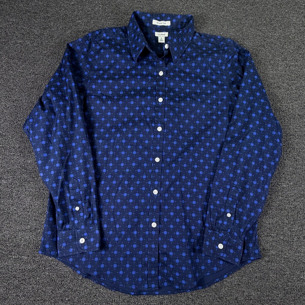 L.L.Bean Button Down Womens M Wrinkle Free Navy Blue Snowflake EUC